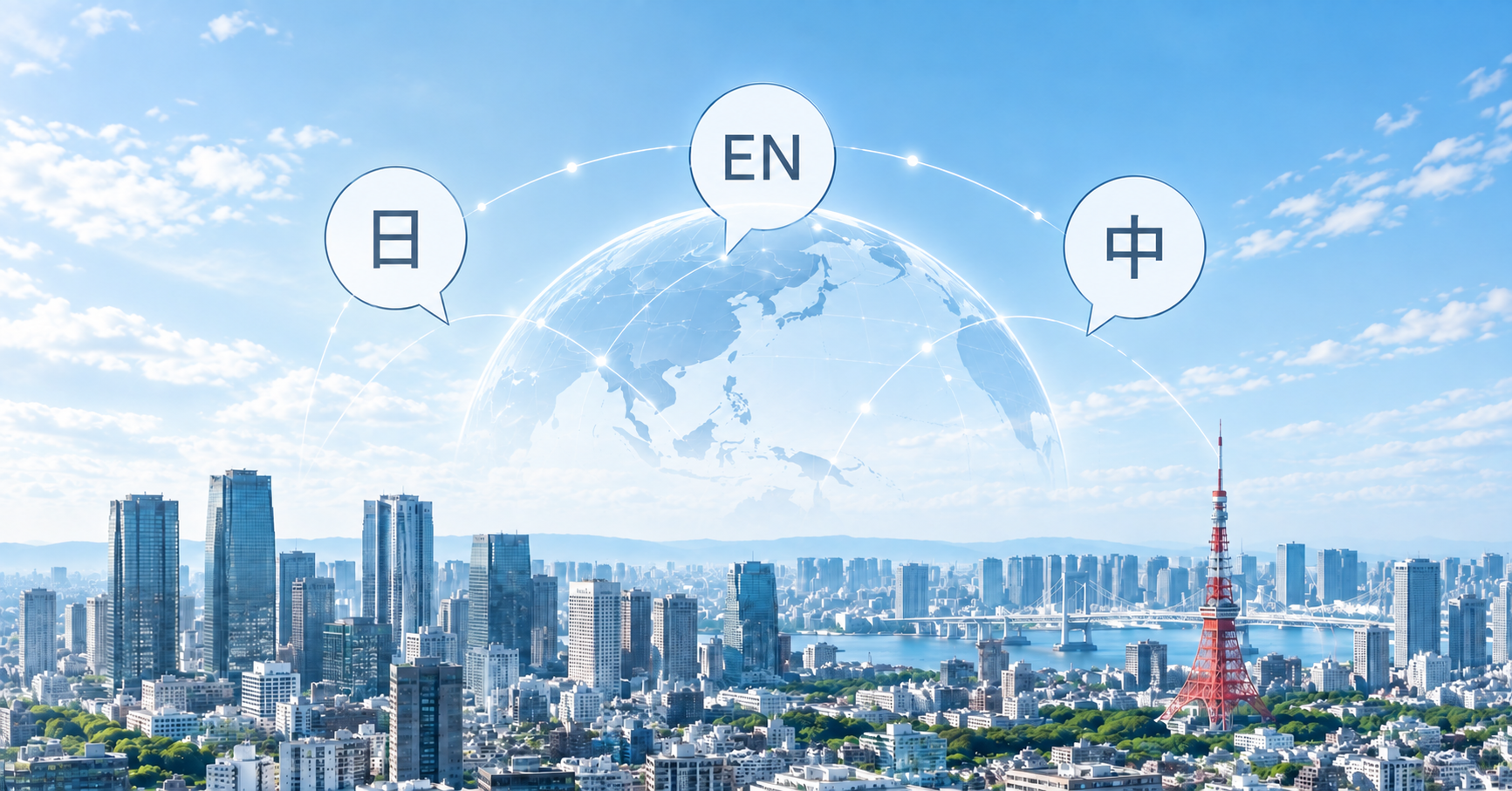 日本語・英語・中国語による多言語対応と東京の都市景観を表すイメージ